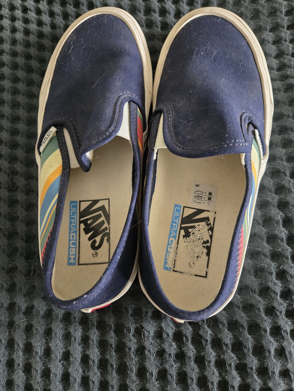 Vans Slip-On Navy Canvas Shoes with Rainbow Stripes